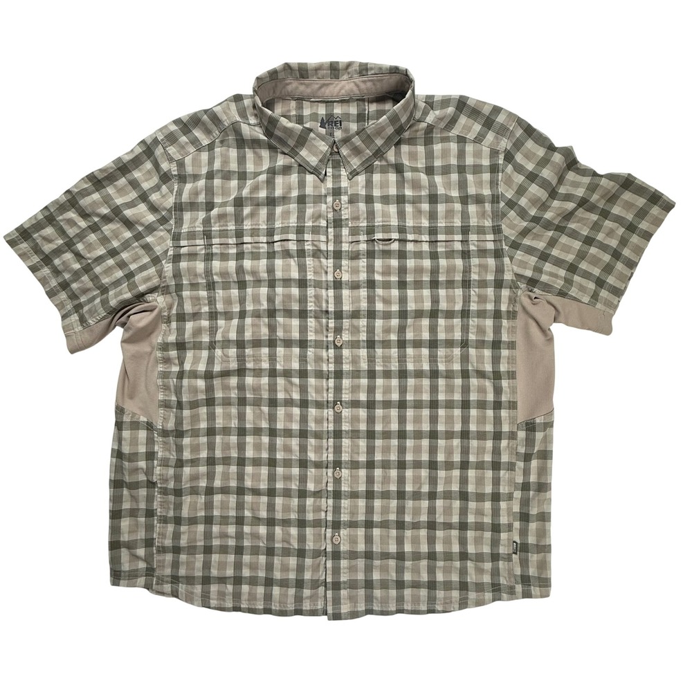 REI Co-op Mens XL Short Sleeve Plaid Hiking Shirt Green Tan Vented Mesh Panels